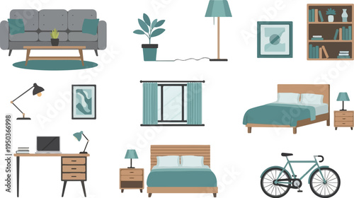 A collection of interior design elements for a modern, minimalist home aesthetic