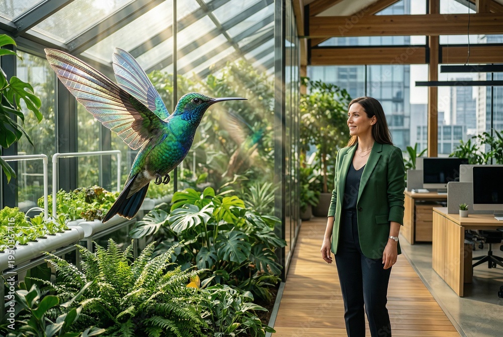 Fototapeta premium A surreal 8K image of sustainability leadership featuring a woman in a green blazer inside a modern glass greenhouse office with a giant hummingbird whose wings are solar panels shimmering with