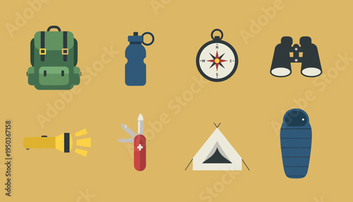 Outdoor camping and hiking gear equipment icons set, essential survival tools for wilderness adventure and trekking activities in flat vector style design
