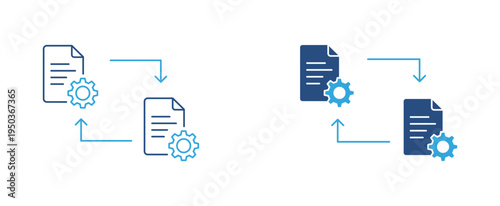 Document workflow icon set. File documents with gear and arrows icon, document processing and data workflow automation concept. Vector illustration.