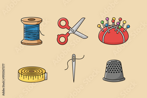Set of essential sewing and tailoring tools including spool of thread, scissors, pincushion, measuring tape, needle and thimble flat design vector icon set