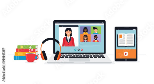 Online learning setup with laptop tablet headphones and books.