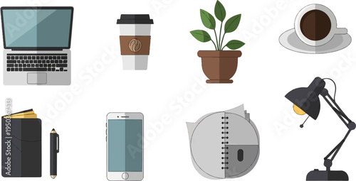 A flat design collection of office and study items, including tech and decor