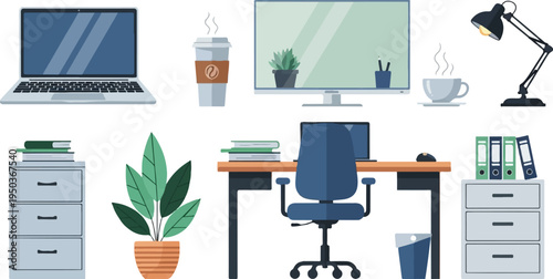 A minimalist office setup with a laptop, monitor, desk, chair, and storage