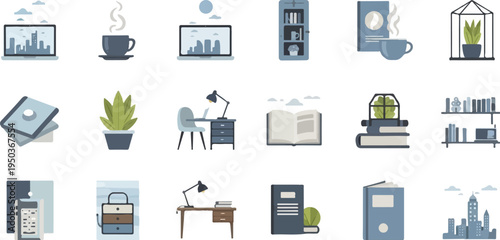 Pixel art icons depicting a home office setup with books, plants, and technology