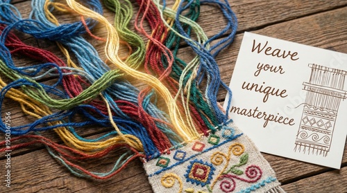 Colorful Embroidery Threads and Finished Design on Wood Surface