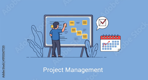 Person using whiteboard with sticky notes, a calendar, and a speech bubble