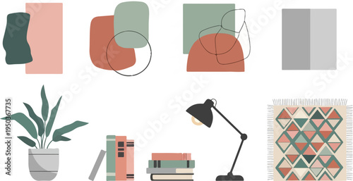 Abstract shapes, potted plant, books, lamp, and patterned rug