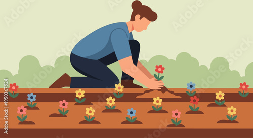 Person planting flowers in a garden bed with colorful blooms.