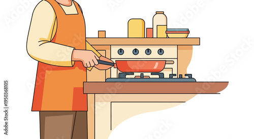 Person wearing an apron cooking food in a pan on a stove.