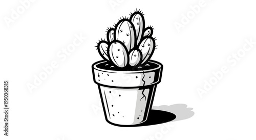 Potted cactus plant illustration in black and white.