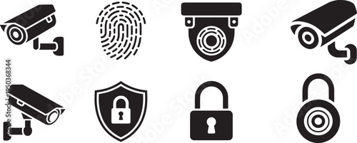 security icons set with cameras and locks and shield