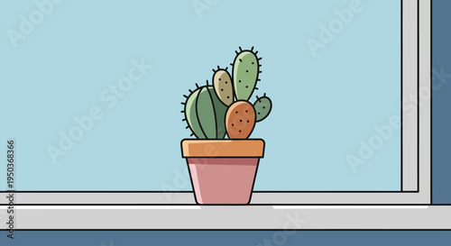 Potted prickly pear cactus with fruit on a windowsill.