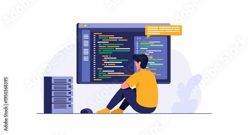 Programmer sitting in front of a computer screen displaying code