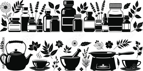 Black and white herbal medicine illustration featuring bottles, jars, teapot, teacup, mortar, pestle, herbs, flowers, natural remedies preparation