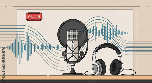Professional microphone and headphones for podcasting and broadcasting.