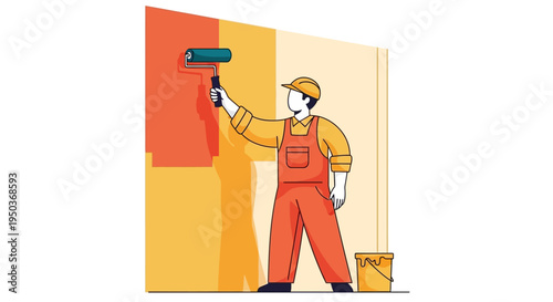 Professional painter applies fresh coat of paint to wall with roller.