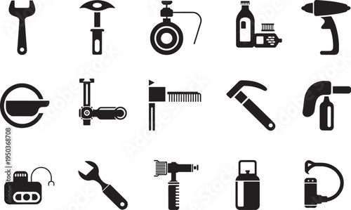 set of icons with various tools on white background