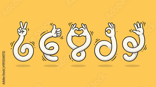Playful illustration of five abstract hands emerging from holes, each making different gestures on a bright yellow background. The design conveys creativity and movement.
