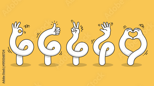 Playful illustration of five abstract hands emerging from holes, each making different gestures on a bright yellow background. The design conveys creativity and movement.