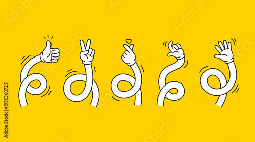 Playful illustration of five abstract hands emerging from holes, each making different gestures on a bright yellow background. The design conveys creativity and movement.