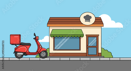 Red scooter parked outside a small restaurant building with a chef hat sign.