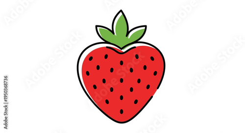 Red strawberry with green leaves and black seeds.