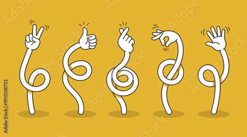Playful illustration of five abstract hands emerging from holes, each making different gestures on a bright yellow background. The design conveys creativity and movement.