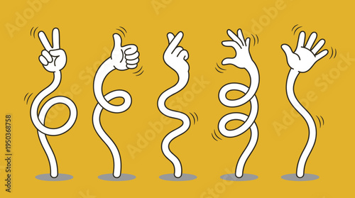 Playful illustration of five abstract hands emerging from holes, each making different gestures on a bright yellow background. The design conveys creativity and movement.