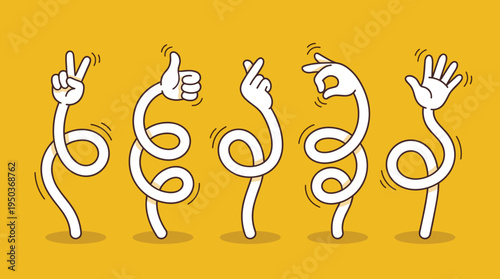 Playful illustration of five abstract hands emerging from holes, each making different gestures on a bright yellow background. The design conveys creativity and movement.