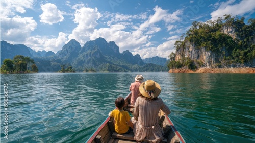 People in boat explore stunning mountain lake under blue sky