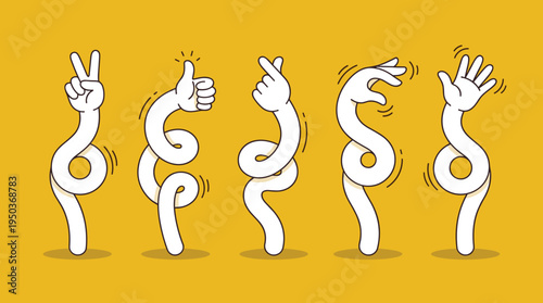 Playful illustration of five abstract hands emerging from holes, each making different gestures on a bright yellow background. The design conveys creativity and movement.