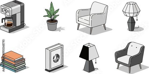 Isometric icons of home decor coffee maker, plant, chairs, lamps, and books