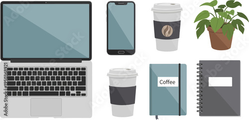 Flat design vector illustration of a laptop, phone, coffee cups, notebook, and plant