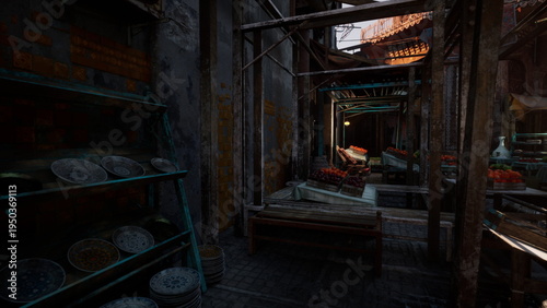 Foto dim produce stall along narrow alley, stacked crates of tomatoes and oranges on