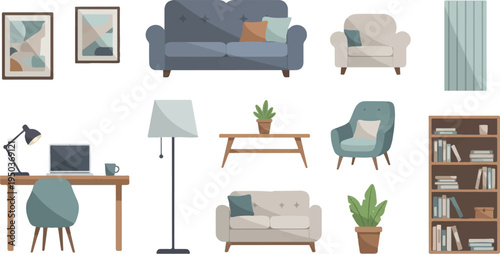 Flat design elements for interior decoration, including furniture and art