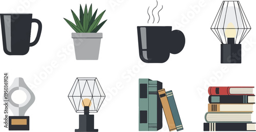 Collection of desk items mug, plant, lamp, trophy, and books