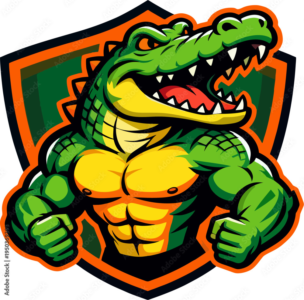 Obraz premium Fierce Muscular Alligator Mascot Logo with Shield Emblem – Esports Team Vector Illustration
