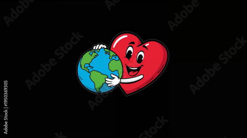 vector of a cartoon heart character , hugging a globe of planet Earth on balck background