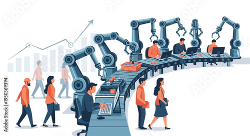 Robotic arms assisting people in a modern office setting.