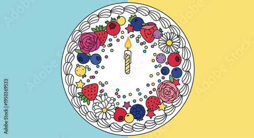 Festive Birthday Cake with Candle and Berries on Colorful Background