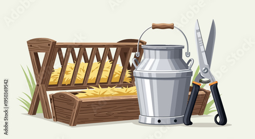 Farm supplies: hay feeder, milk can, and shears for animal husbandry and rural life