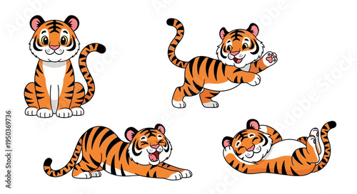 Cute Cartoon Tiger Cub Poses: Sitting, Playing, Stretching, Relaxing