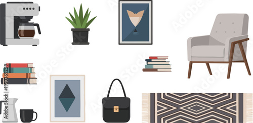 Cozy living room elements coffee maker, plant, art, chair, books, purse, rug