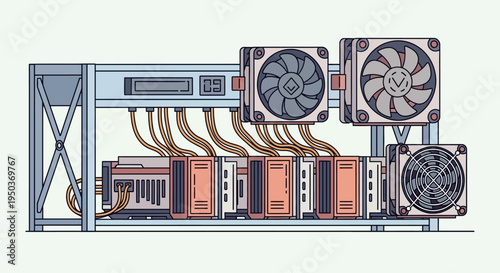 Cryptocurrency Mining Rig with GPUs, Fans, and Cables - Technology Concept