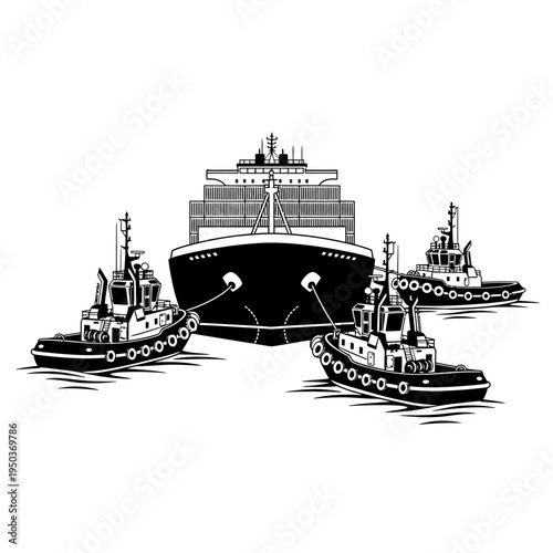 Container Ship Guided by Tugboats in Harbor - Marine Logistics and Transportation