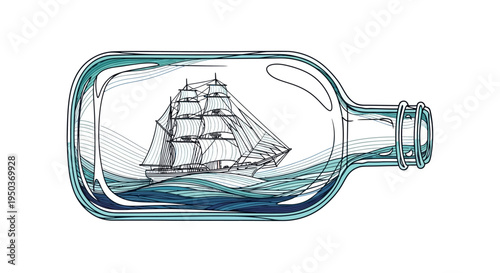 Sailing Ship Inside a Glass Bottle with Waves.