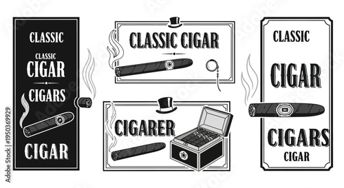Classic Cigar Vintage Labels Set: Retro Design with Cigars, Smoke, and Top Hats