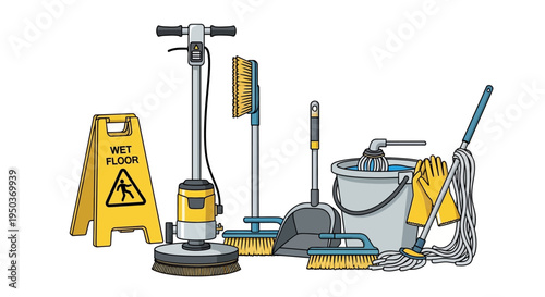 Cleaning supplies: floor polisher, mop, bucket, broom, dustpan, brushes, gloves, wet floor sign