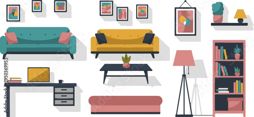 Cozy modern living room interior with sofas, desk, and artwork